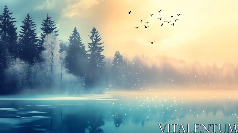 Misty Lake Reflection with Birds