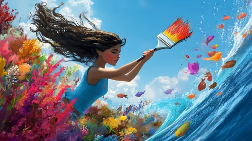 Ocean Painting with Woman and Brush