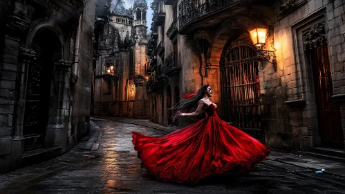 Lady in Red on Ancient Cobblestone Street