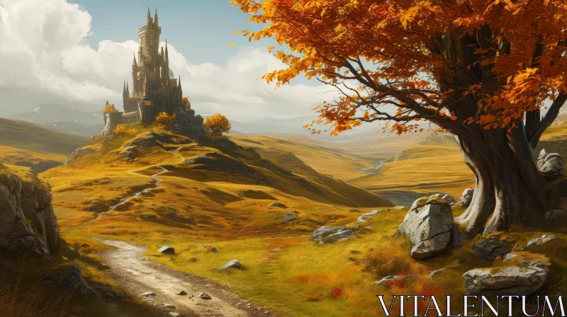 Captivating Castle Landscape on a Verdant Hill | Nature Art AI Image