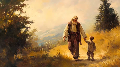 Man and Child in Golden Field Art