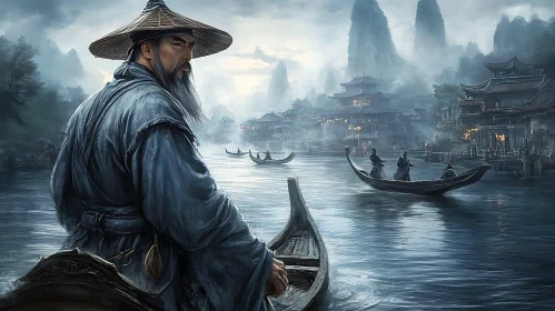 Tranquil Waterside Scene with Figure