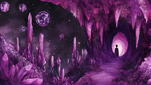 Mystical Purple Crystal Landscape with Planets