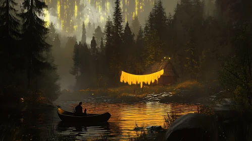 Golden Reflections: Cabin by the Lake