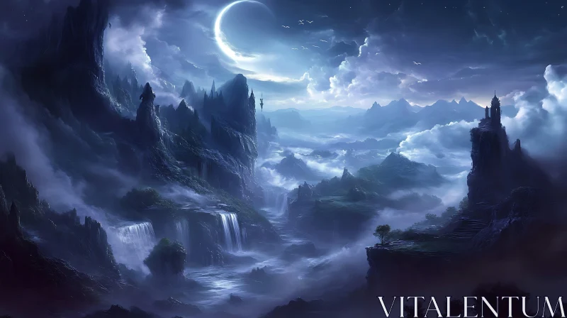 AI ART Moonlit Mountain Scenery with Waterfalls