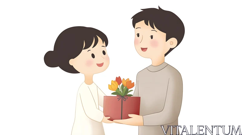 Couple Exchanging Gift Cartoon Illustration