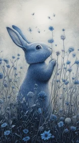 Blue Rabbit and Butterflies Art