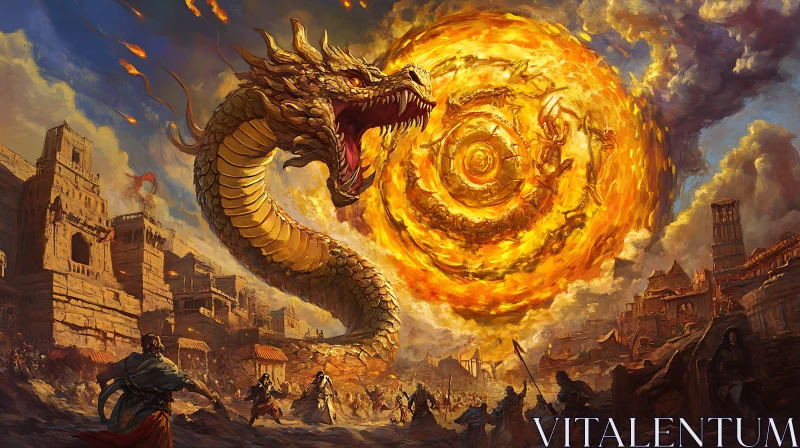 Dragon and Fireball Over Cityscape AI Image