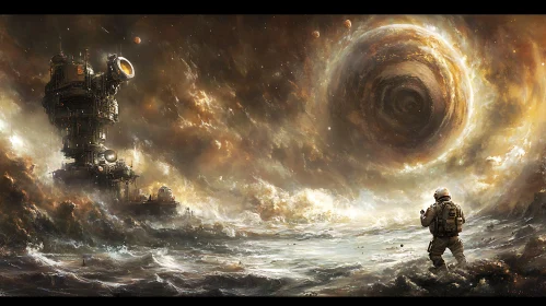 Futuristic Seascape with Astronaut and Planet