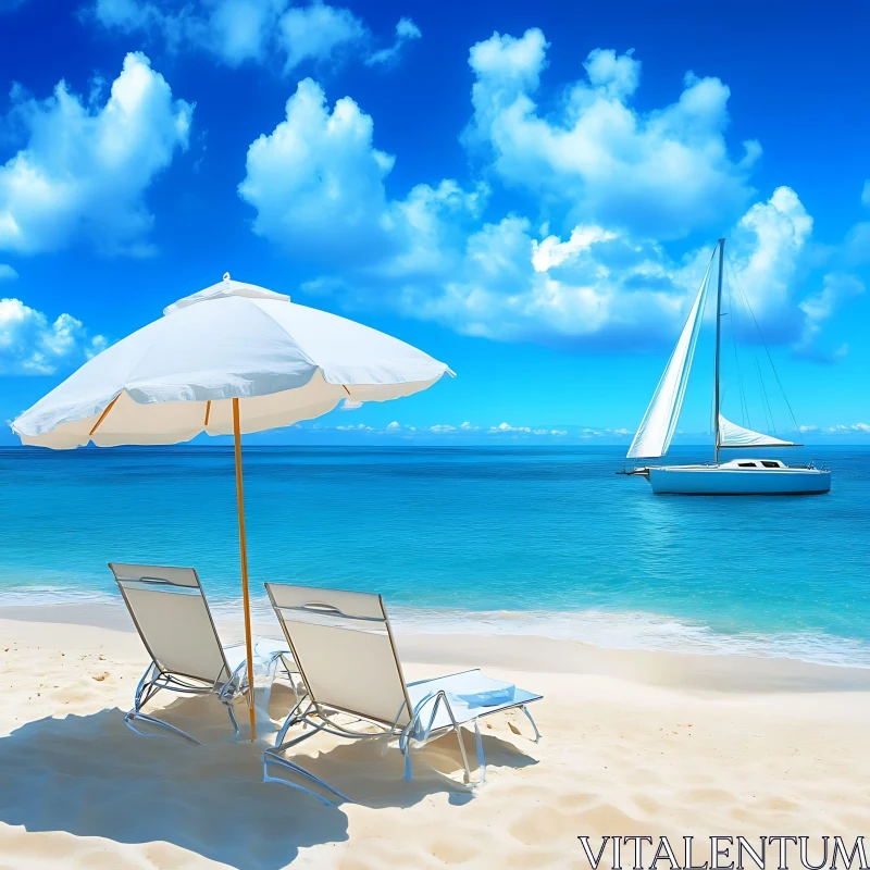 Tropical Beach with Sailboat and Chairs