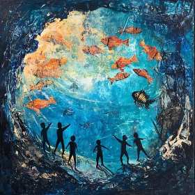 Children Watching Fish in Abstract Painting