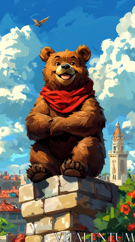 Illustrated Bear with Scarf in City AI Image