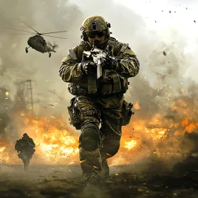 Military Soldier Amidst Fire and Chaos