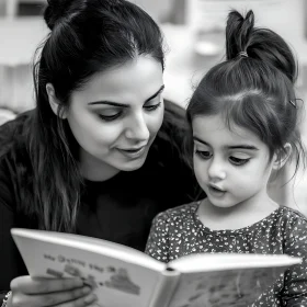 Monochrome Portrait of Mother and Child Reading