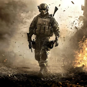 Combat Soldier Amidst Fire and Smoke