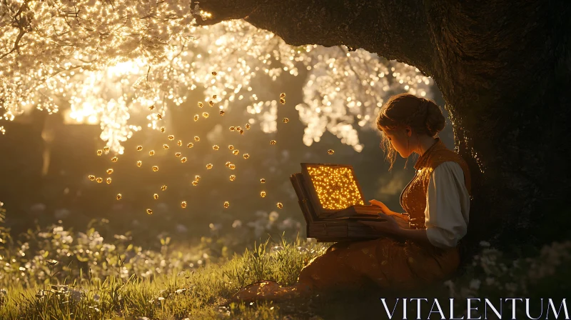 Woman Reading Magic Book in Nature