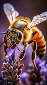 Macro Image of Bee Collecting Pollen on Lavender