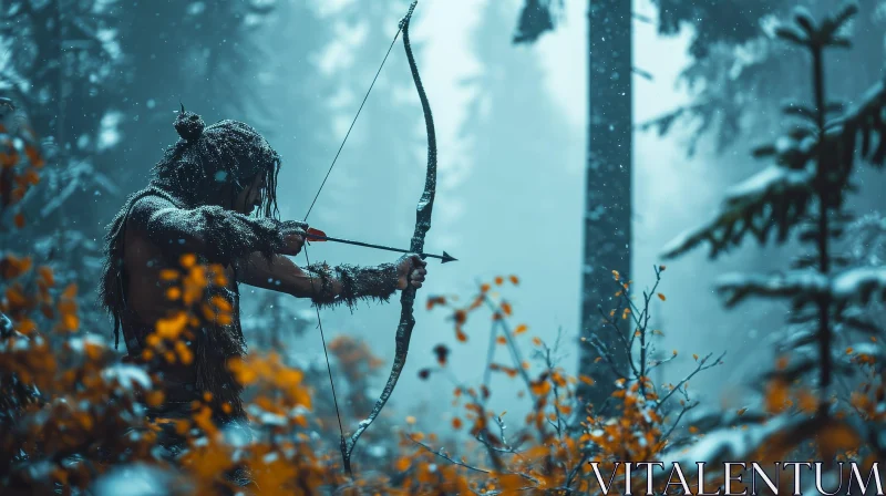 Primitive Man Hunting in Snowy Forest AI Image