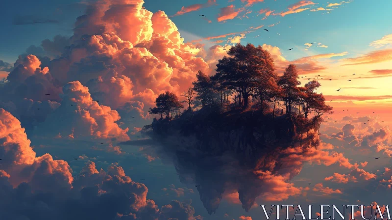 Serene Floating Island Landscape - Lush Greenery, Orange and Blue Sky AI Image