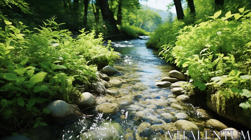 Serene Stream Flowing through Lush Forest - Tranquil Nature Scene AI Image