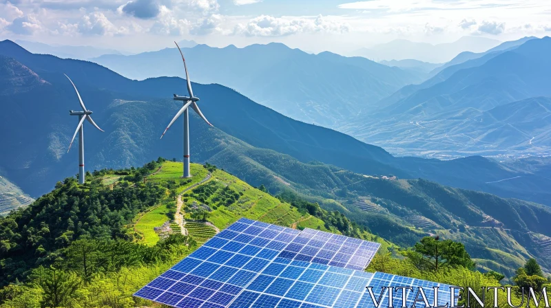 Solar Panels and Wind Turbines on a Mountain - A Vibrant and Bold Artwork AI Image
