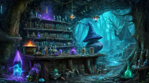 The Mysterious Wizard's Study in a Dark Forest