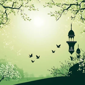 Serene Green Landscape with Mosque and Birds