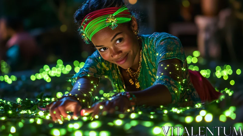 Radiant Woman Surrounded by Luminous Spheres AI Image