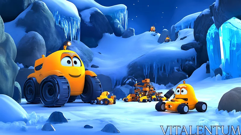 AI ART Winter Cartoon Adventure with Yellow Cars