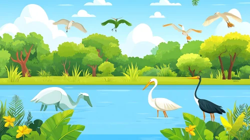 Birds in the Lake Illustration