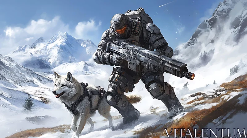 AI ART Snowy Mountain Trek with Soldier and Dog