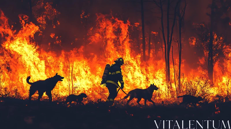 Firefighter Rescuing Dogs Amidst Forest Wildfire AI Image