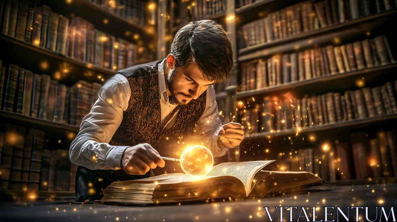 AI ART Man Reading Magical Book in Old Library