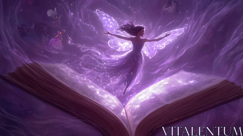 Fairy's Luminous Dance Above an Ancient Book AI Image