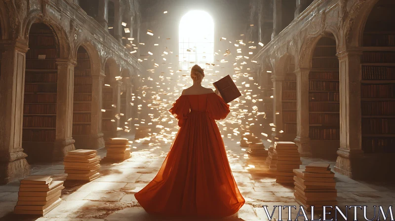 AI ART Lady in Red in Ancient Library