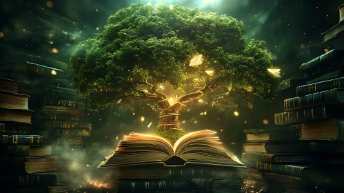 Mystical Tree Growing From Ancient Book