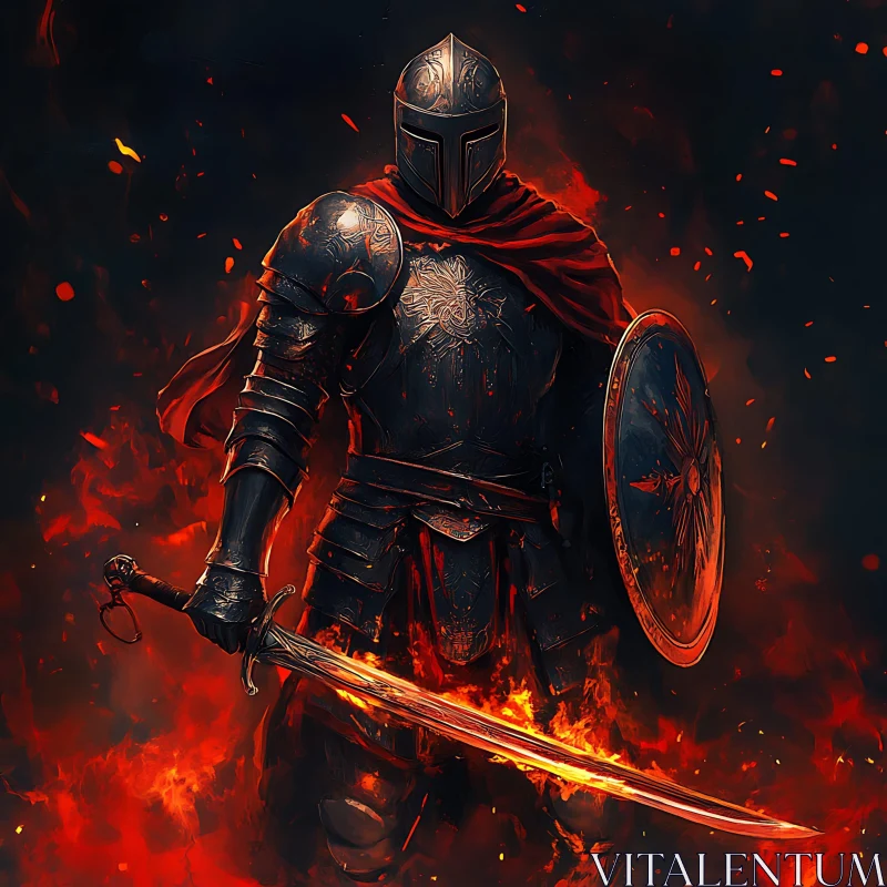 AI ART Armored Knight with Flaming Sword