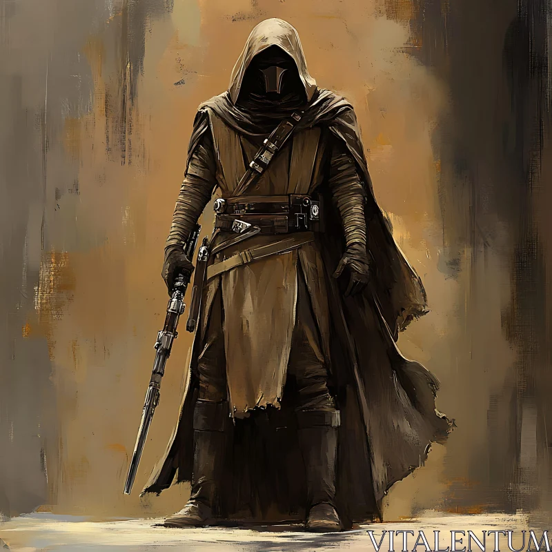 AI ART Hooded Figure with Rifle: A Study in Sepia