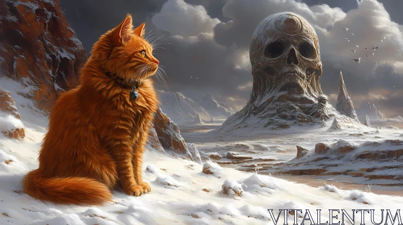 Fantasy Cat and Skull in Snowy Terrain AI Image