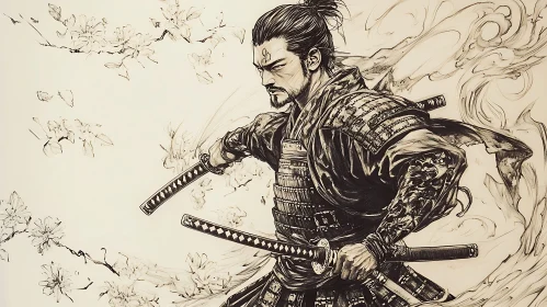 Monochrome Samurai Art with Cherry Blossoms