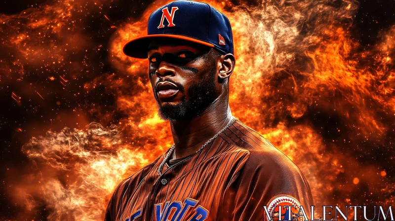 AI ART Intense Baseball Man with Fiery Background