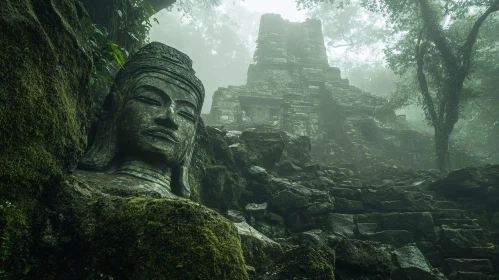 Stone Buddha Amidst Temple Ruins