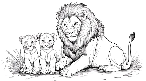 Monochrome Lion and Cubs