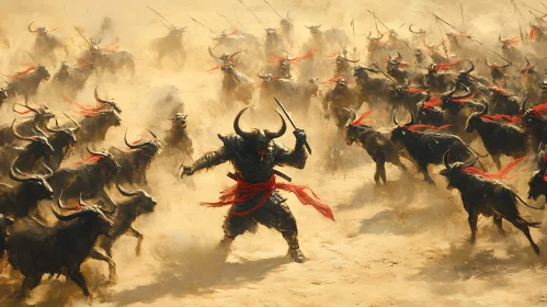 Bull Herd and Warrior in Desert