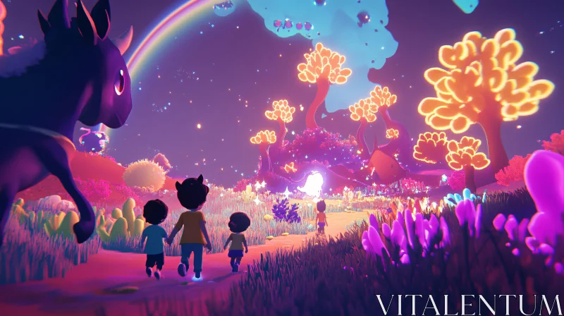 Children's Journey in Magical Landscape AI Image