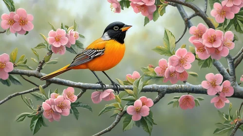 Oriole Bird on Flowering Branch