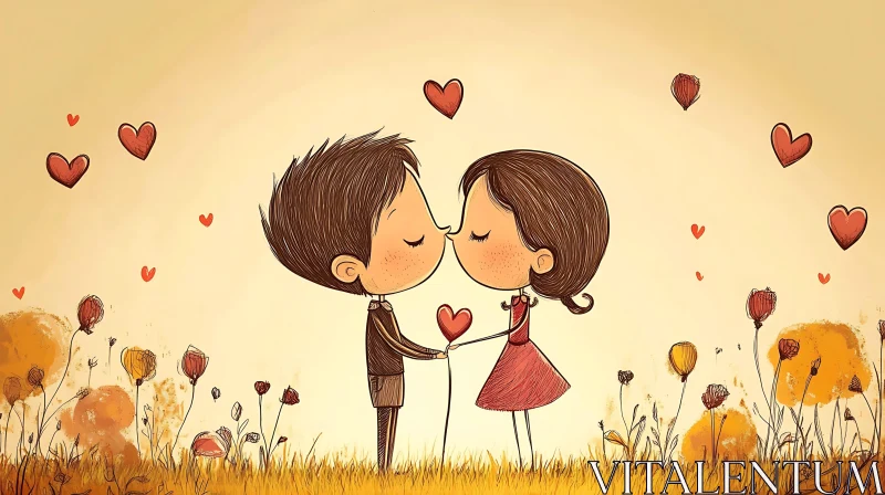 Sweet Cartoon Kiss Image with Hearts AI Image