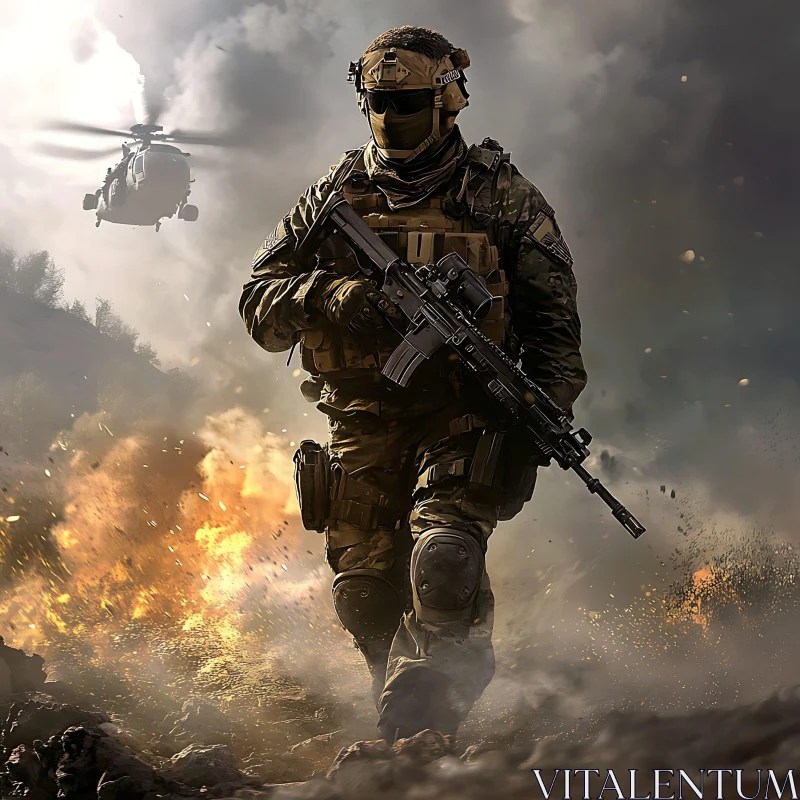 Military Operation Scene: Soldier and Helicopter AI Image