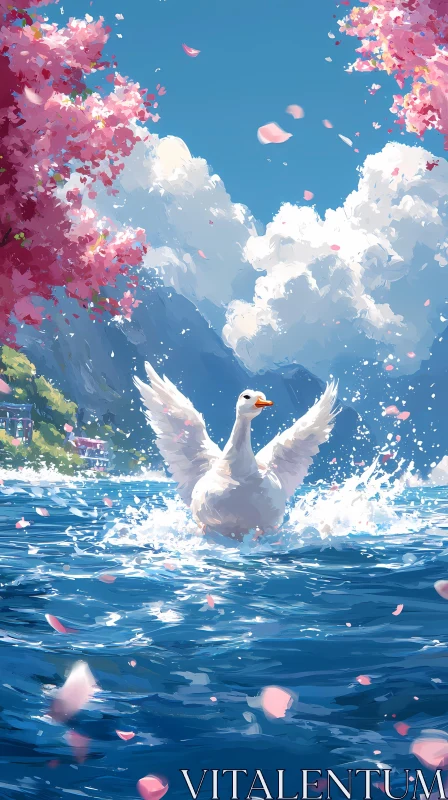 Tranquil Swan Amid Blossoms AI Image