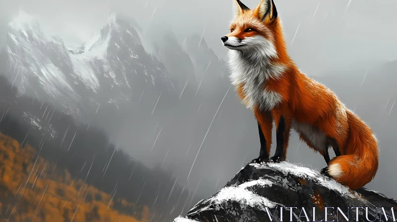 Fox in Rainy Mountain Scene AI Image